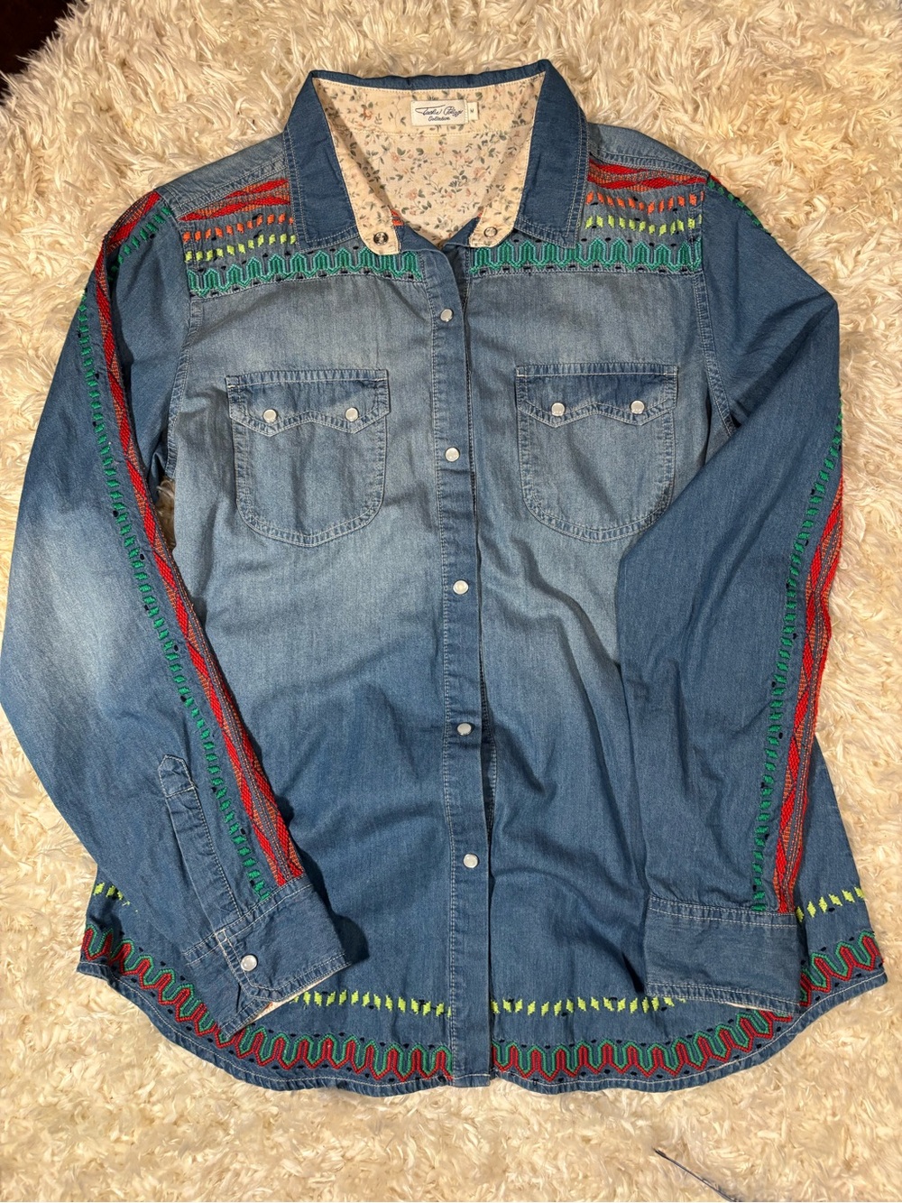 Embroidered Denim Button-Down Shirt with Multicolor Trim-Medium